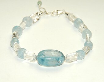 Aquamarine and Crystal Quartz Bracelet with Sterling Silver - Something Blue - March Birthstone - Gemstone Bracelet