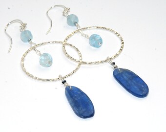 Blue Kyanite and Aquamarine Earrings, Long Earrings, Raw Gemstone Jewelry, Boho Jewelry, Blue Earrings, Hoop Earrings