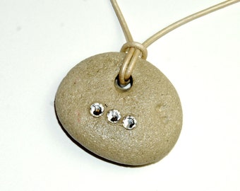 Beach Stone Necklace with Swarovski Crystals - Rock Necklace - Stone Jewelry - OOAK - Leather