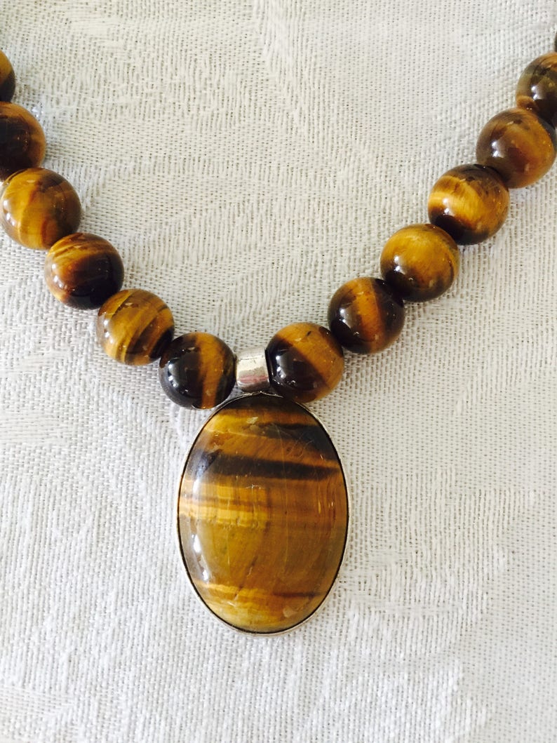 Tigers Eye Necklace Gemstone Beaded Necklace Brown and gold 20 inch necklace image 4