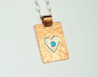 Mixed Metal Necklace - Heart Pendant - Turquoise - Copper and Sterling Silver - Southwestern Jewelry