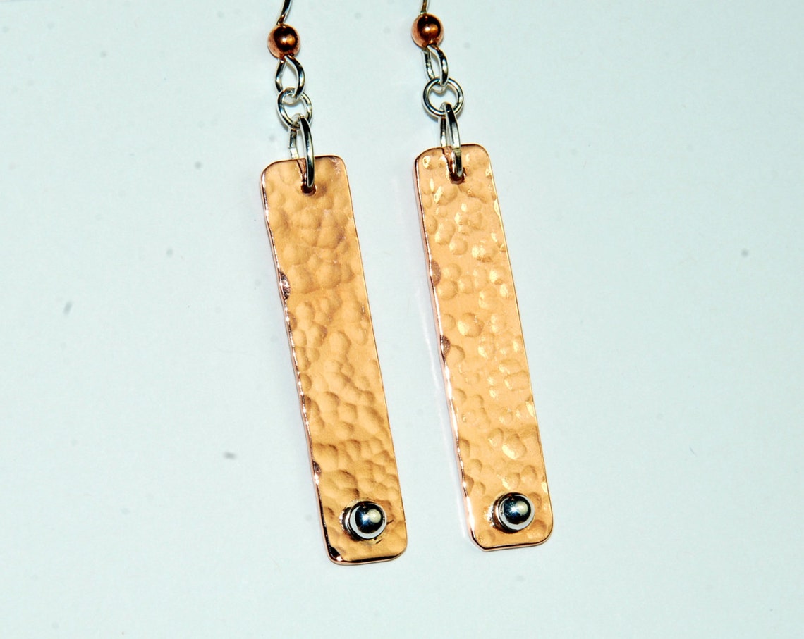 Hammered Copper Bar Earrings Mixed Metal Earrings Long Etsy