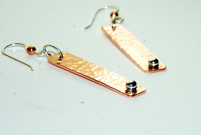 Hammered Copper Bar Earrings Mixed Metal Earrings Long Etsy