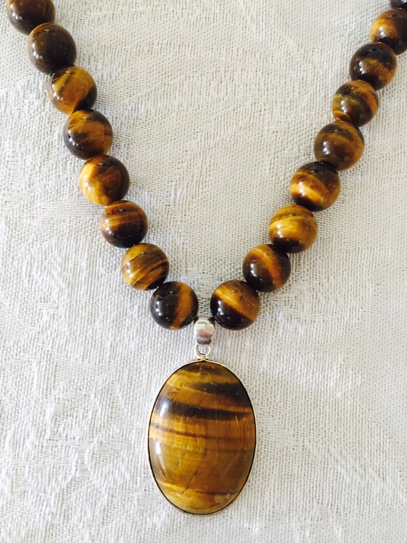 Tigers Eye Necklace Gemstone Beaded Necklace Brown and gold 20 inch necklace image 1