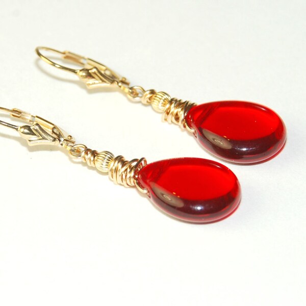 Red Earrings,  Gold dangle earrings, Gold Leverback, wire wrapped, Red Glass Earrings