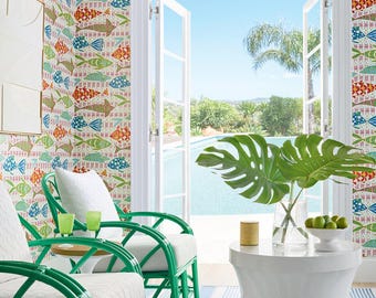 Thibaut BATIK FISH Wallpaper, Designer Wallpaper, Fish wallpaper, Multiple Color Ways, Islander Collection By Thibaut