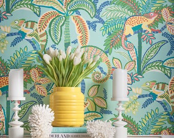 Thibaut IGGY Wallpaper, Designer Wallpaper, Palm Tree and Iguana wallpaper, Multiple Color Ways, Islander Collection By Thibaut