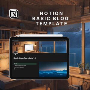 Könnte beinhalten: Ein Screenshot einer Notion-Seite auf einem Tablet-Gerät. Die Seite trägt den Titel "Basic Blog Template 1.1" und enthält einen Abschnitt zum Festlegen von Zielen. Die aufgeführten Ziele sind "Regelmäßig für 1 Monat posten", "10 kostenlose Abonnenten gewinnen" und "etc."