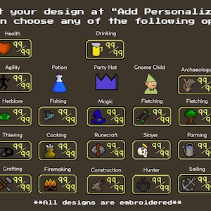 May include: A brown graphic with various icons representing game options, including a sword, heart, and potion. Text at the top reads "Select your design at 'Add Personalization'". The bottom text states "All designs are embroidered".