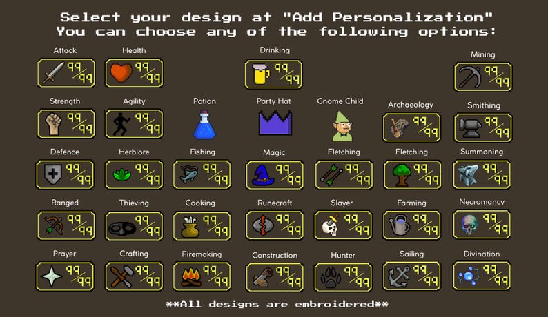 May include: A brown graphic with various icons representing game options, including a sword, heart, and potion. Text at the top reads "Select your design at 'Add Personalization'". The bottom text states "All designs are embroidered".