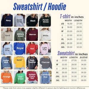 May include: A product image showcasing a variety of sweatshirts and hoodies in various colors, including navy, black, and red. The image also includes a size chart for t-shirts and sweatshirts, with measurements in inches for width, length, and sleeve.