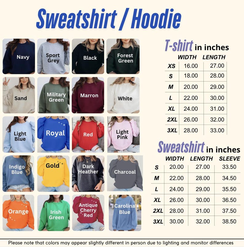 May include: A product image showcasing a variety of sweatshirts and hoodies in various colors, including navy, black, and red. The image also includes a size chart for t-shirts and sweatshirts, with measurements in inches for width, length, and sleeve.
