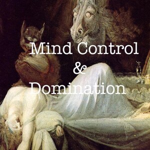 Op de afbeelding: Een schilderij dat een vrouw toont die in bed ligt, schijnbaar slaapt, met een monstrueus wezen dat boven haar zweeft. Het wezen heeft een paardenkop en een menselijk lichaam. De tekst "Mind Control & Domination" is in witte letters over het beeld geschreven.
