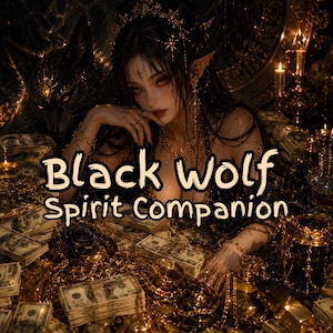 Könnte beinhalten: Eine digitale Illustration mit einer dunkelhaarigen Figur mit spitzen Ohren und Goldschmuck, begleitet von einem schwarzen Wolf. Die Szene ist mit Stapeln von Geldscheinen und goldenen Akzenten gefüllt. Der Text Black Wolf Spirit Companion ist zentriert.