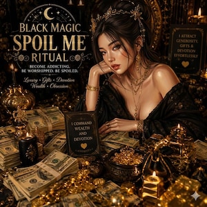 May include: A digital illustration featuring a person with dark hair wearing gold jewellery, surrounded by stacks of US dollar bills, gold coins, and black candles. Text reads: BLACK MAGIC SPOIL ME RITUAL, BECOME ADDICTING, BE WORSHIPPED, BE SPOILED, I COMMAND WEALTH AND DEVOTION.