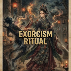 以下が含まれることがあります： 「EXORCISM RITUAL」と題されたデジタルイラスト。伝統的な暗い衣装をまとった人物が、光る護符と剣を手にしている。左側には暗く煙のような霊の姿があり、周囲には火のついた蝋燭と提灯が配置されている。