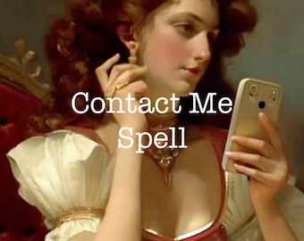 May include: A woman in a red and white dress looks at a gold phone with the text "Contact Me Spell" on the image.