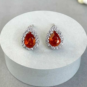 Orange Kyanite, White Topaz Stud Earring / 925 Sterling Silver / Healing Gemstone / Gifts For Her / Pear Cut / Dainty Orange Kyanite Earring