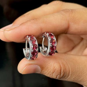 Garnet Hoop Earrings / 925 Sterling Silver / Healing Gemstone / Rhodium Vermeil / Gifts For Her / Round Cut / Dainty Earrings GAR-SE-973.