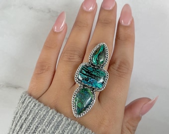 Azurite Malachite Adjustable Ring / 925 Sterling Silver / Healing Gemstone / Malachite / Gifts for her / Pear Cab / Statement Ring AZM-R-62.
