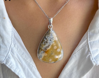 Collar con colgante de jaspe oceánico / Plata de ley 925 / Piedra preciosa curativa / Regalos para ella / Joyería de jaspe oceánico natural / Colgante llamativo