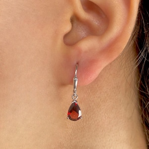 Garnet Leverback Earrings / 925 Sterling Silver / Healing Gemstone / Rhodium Vermeil / Gift For Her / Pear Cut / Dainty Earrings GAR-SE-677.
