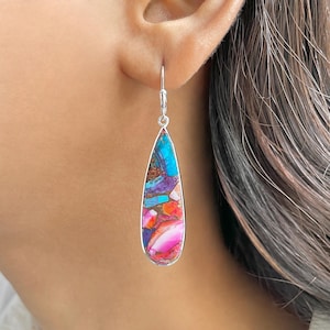 Spiny Oyster Turquoise Leverback Earring / 925 Sterling Silver / Healing Gemstone / Gifts For Her / Pear Cab / Statement Earring TRO-E-76.