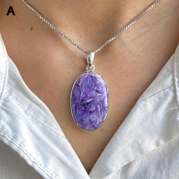 Charoite Pendant Necklace / 925 Sterling Silver Pendant / Healing Gemstone / Gift for her / Natural Charoite Jewellery / Statement Pendant