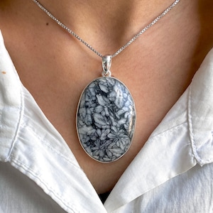 May include: A silver pendant necklace featuring an oval-shaped stone with a unique black and white pattern. The stone is set in a silver bezel and hangs from a delicate silver chain. The necklace is displayed against a white shirt.
