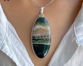 Collar con colgante de jaspe oceánico / Plata de ley 925 / Piedra preciosa curativa / Regalos para ella / Joyería de jaspe oceánico natural / Colgante llamativo