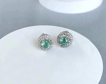 Boucles d'oreilles puces en kyanite verte et topaze blanche / Argent sterling 925 / Pierre précieuse de guérison / Cadeaux pour elle / Taille ronde / Boucles d'oreilles délicates GKY-SE-985.