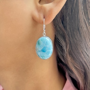 Larimar Leverback Earring / 925 Sterling Silver / Healing Gemstone / Gifts for her / Dominican Jewelry / Statement Earring LAR-E-241.