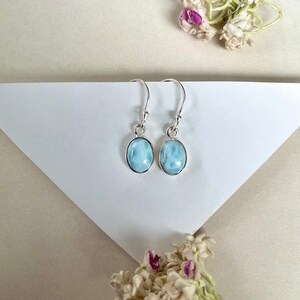 May include: A pair of silver earrings with oval, light blue gemstones. The earrings have a simple hook design and are set against a white background with floral accents.