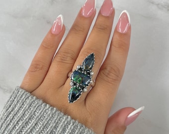 Azurite Malachite Adjustable Ring / 925 Sterling Silver / Healing Gemstone / Malachite / Gifts for her / Pear Cab / Statement Ring AZM-R-82.