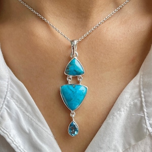 Turquoise / Swiss Blue Topaz Pendant / 925 Sterling Silver / Healing Gemstone / Gifts for her / Trillion Cab / Statement Turquoise Pendant