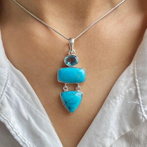 Turquoise / Swiss Blue Topaz Pendant / 925 Sterling Silver / Healing Gemstone / Gifts for her / Octagon Cab / Statement Turquoise Pendant
