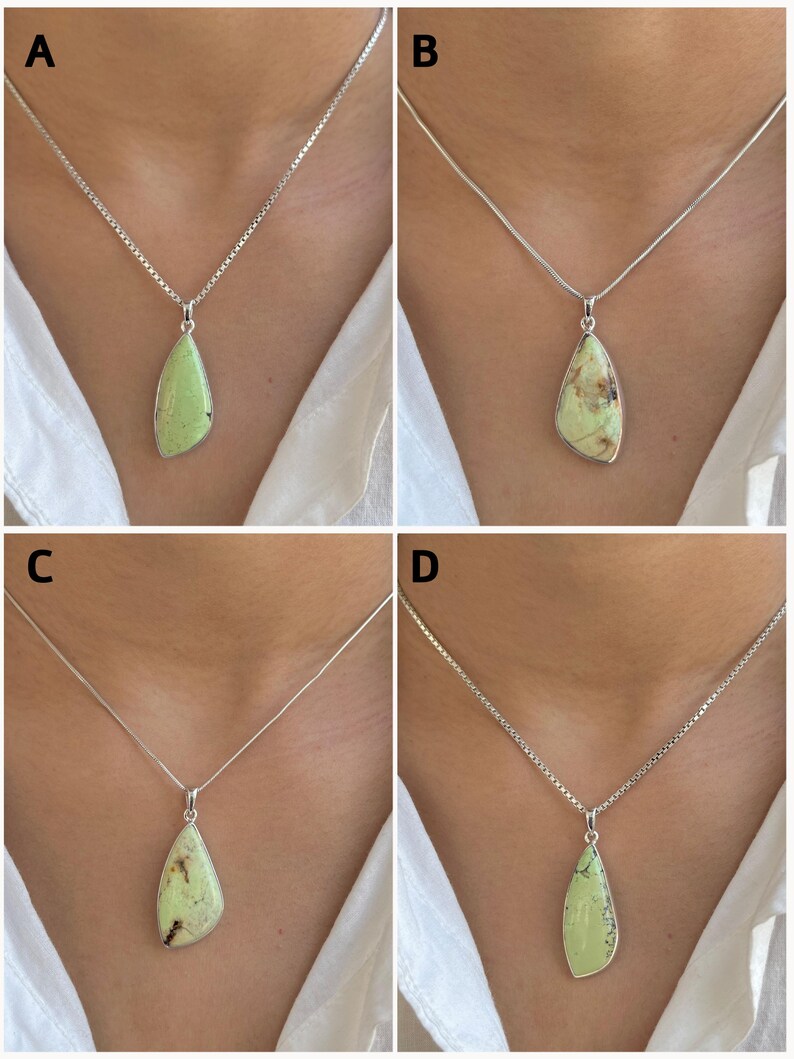 Pu&ograve; includere: Quattro collane in argento con pendenti a forma di goccia e pietre verde chiaro. Il pendente A ha una pietra verde chiaro tinta unita, B e C hanno pietre con motivi a matrice marrone, e D ha una pietra verde chiaro con venature scure.