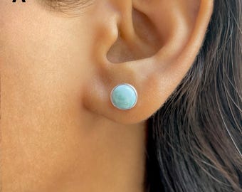 Larimar Stud Earrings / 925 Sterling Silver / Healing Gemstone / Gift for her / Round Cab / Natural Larimar Jewellery / Statement Earrings