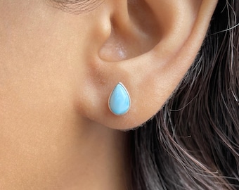 Larimar Stud Earrings / 925 Sterling Silver / Healing Gemstone / Gift for her / Pear Cab / Dominican Larimar Jewelry / Statement Earrings