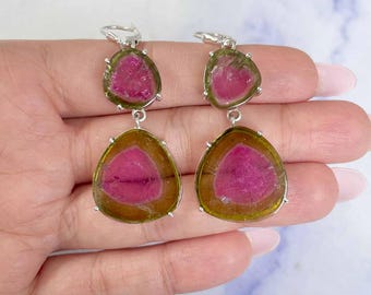 Watermelon Tourmaline Slice Earring / 925 Sterling Silver / Healing Gemstone / Gift for her / Tourmaline Jewellery / Fancy Slice Earring