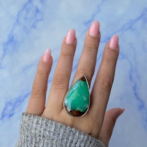 Chrysoprase Adjustable Ring / 925 Sterling Silver / Healing Gemstone / Chrysoprase Jewelry / Gifts for her / Pear Cab / Statement CHP-R-9.