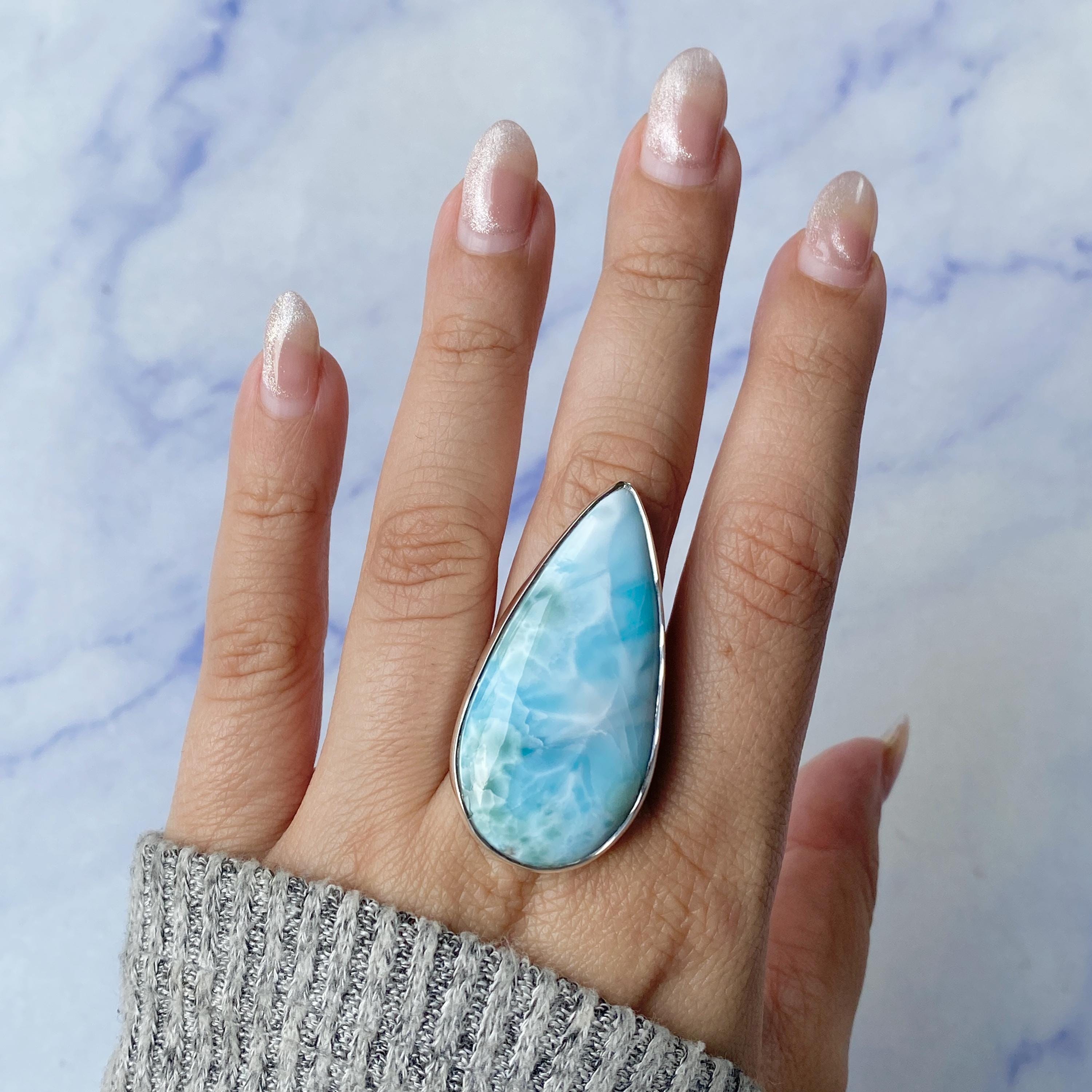 Bague Larimar En Argent 925 Réglable - Double Pierre, Style Vintage Floral - Idéal Noël, Fête Des Mères, Cadeau Femme