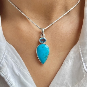 Turquoise / Swiss Blue Topaz Pendant / 925 Sterling Silver / Healing Gemstone / Gifts for her / Pear Cab / Statement Turquoise Pendant