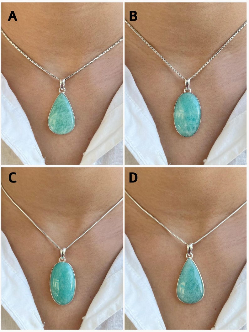 May include: Four silver necklaces featuring polished, light teal-green amazonite gemstones in various shapes. Options A and D display teardrop-shaped pendants, while B and C feature oval-shaped stones, all set in simple silver frames on silver chains.