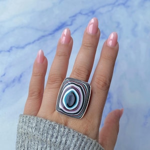 Fordite verstelbare ring / 925 sterlingzilver / genezende edelsteen / cadeaus voor haar / Octagon Cab / Fordite-sieraden / Fordite-verklaring statement