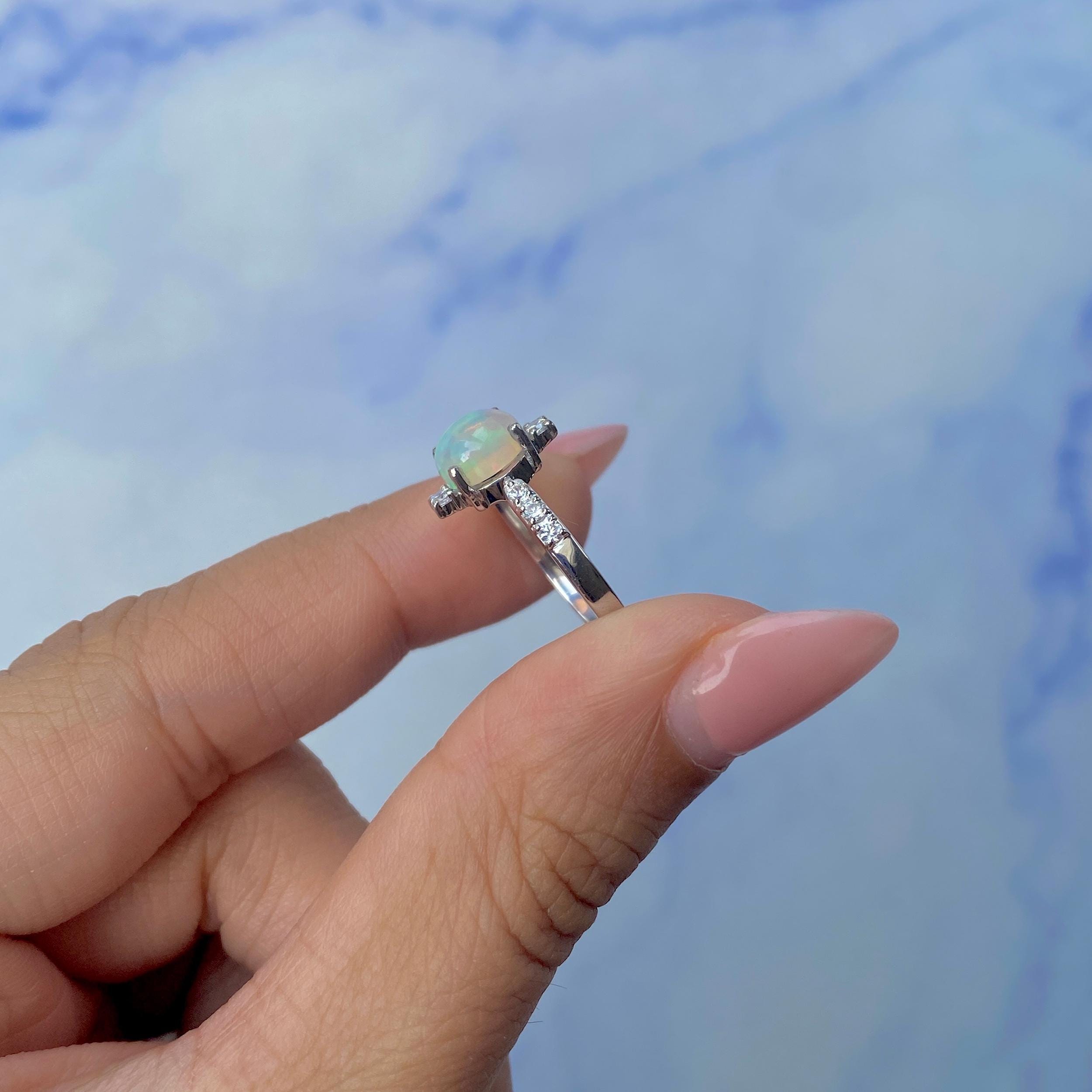 Bague En Argent 925 Avec Topaze Blanche Et Opale Remplie - Taille 6 Femme - Style Deux Tons, Mariage