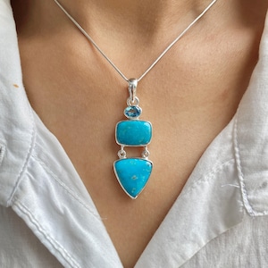 Turquoise / Swiss Blue Topaz Pendant / 925 Sterling Silver / Healing Gemstone / Gifts for her / Octagon Cab / Statement Turquoise Pendant