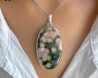 Collar con colgante de jaspe oceánico / Plata de ley 925 / Piedra preciosa curativa / Regalos para ella / Joyería de jaspe oceánico natural / Colgante llamativo