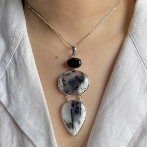 Dendritic Agate, Black Tourmaline Pendant / Sterling Silver Pendant / Healing Gemstone / Gifts for her /  Statement Dendritic Agate Pendants