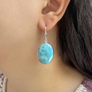 Larimar Leverback Earring / 925 Sterling Silver / Healing Gemstone / Gifts for her / Dominican Jewelry / Statement Earring LAR-E-224.